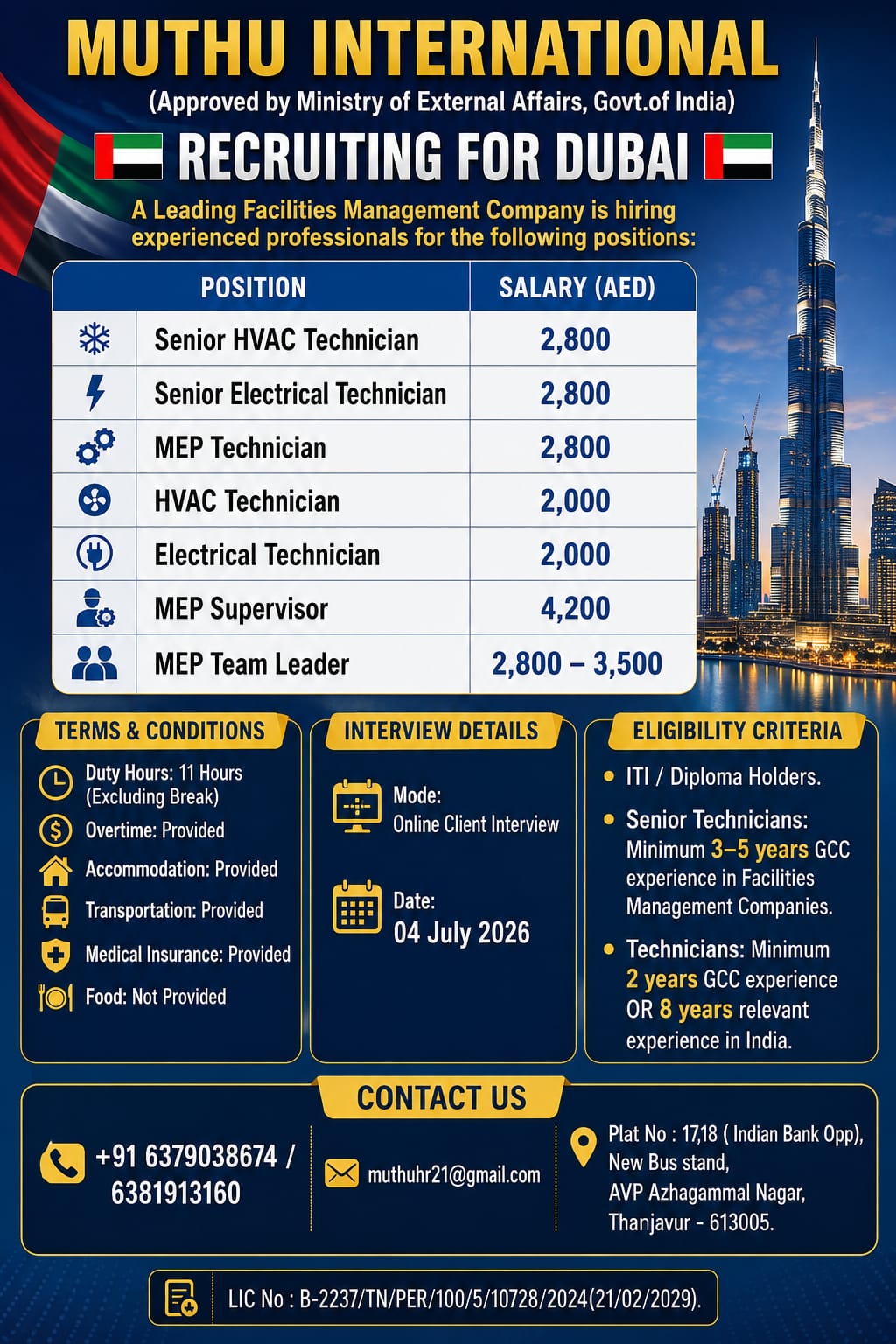 Dubai Facilities Management Jobs 2026 – Senior HVAC, MEP & Electrical Technician Vacancies | Apply Online