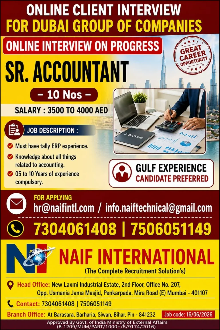 Dubai Group of Companies Hiring Sr. Accountants – Online Client Interview in Progress | Salary Up to 4000 AED