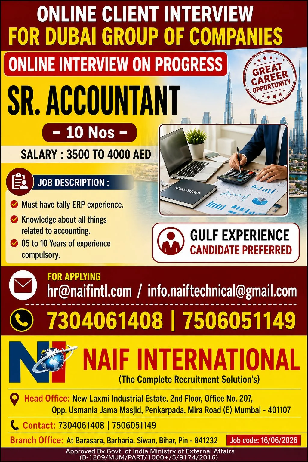 Dubai Group of Companies Hiring Sr. Accountants – Online Client Interview in Progress | Salary Up to 4000 AED
