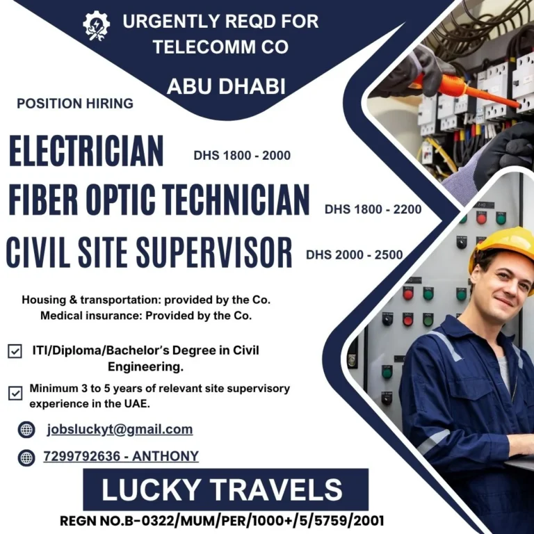 Abu Dhabi Telecom Company Recruitment 2026 – Electrician, Fiber Optic Technician & Civil Site Supervisor Vacancies