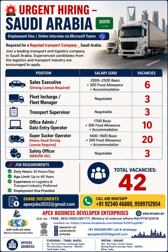 Saudi Arabia Transport Company Recruitment 2026 – Apply for 42 Vacancies 1 Saudi Arabia Transport Company Recruitment 2026 – Apply for 42 Vacancies