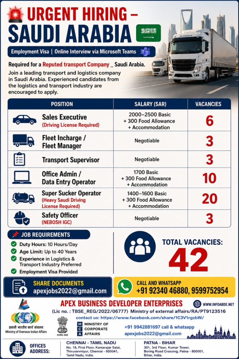 Saudi Arabia Transport Company Recruitment 2026 – Apply for 42 Vacancies