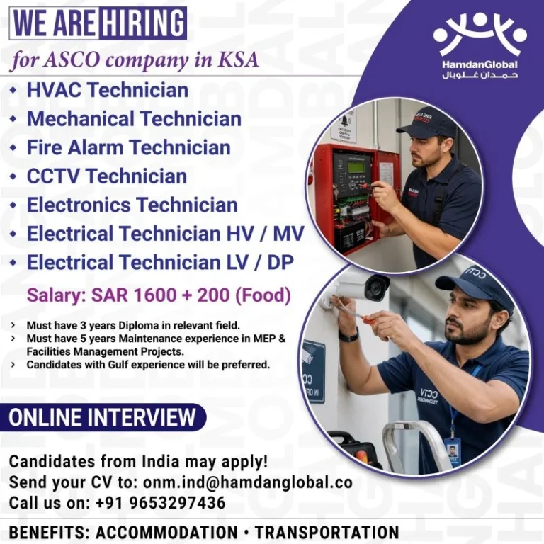Saudi Arabia ASCO Company Recruitment 2026 – Online Interview for HVAC, Electrical, CCTV & Fire Alarm Technicians