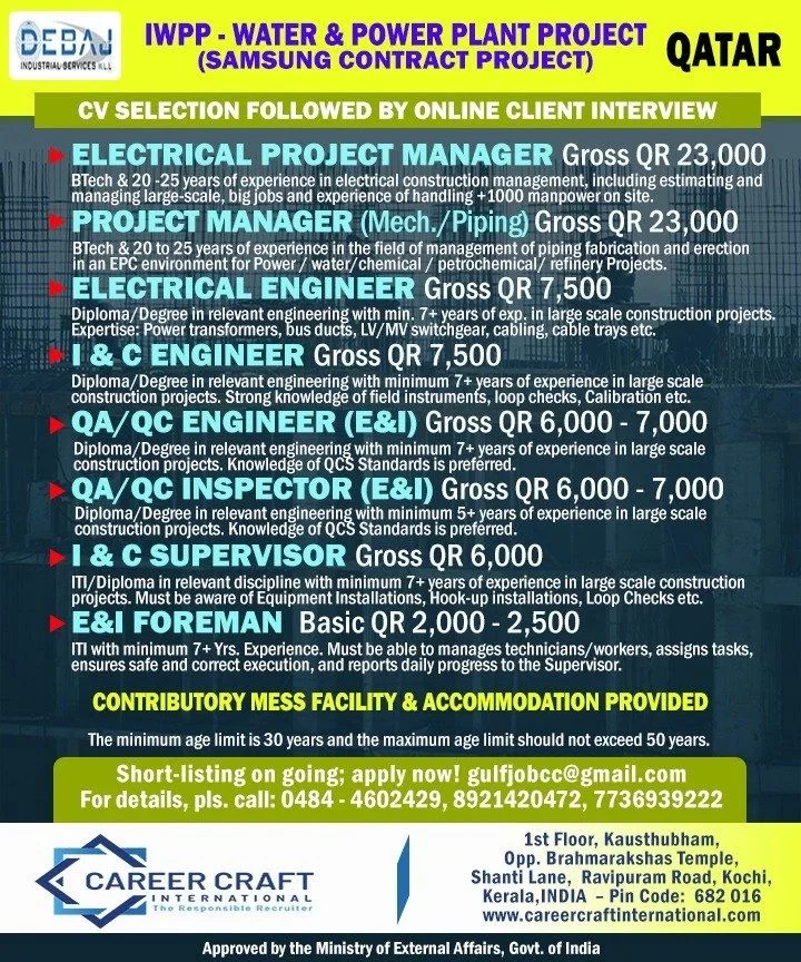 Qatar IWPP Water & Power Plant Project Jobs 2026