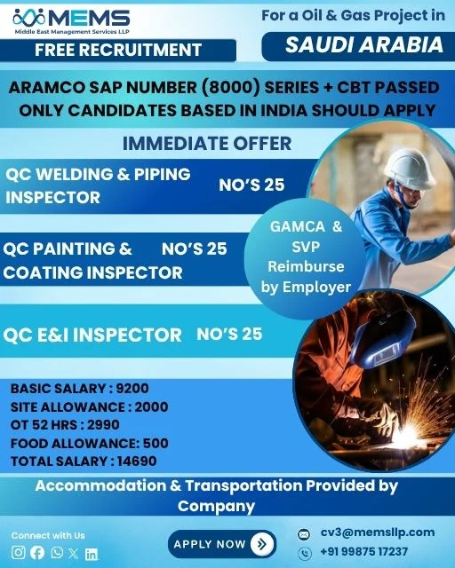 Saudi Arabia Oil & Gas Project Recruitment 2026 – Immediate Hiring for QC Inspectors