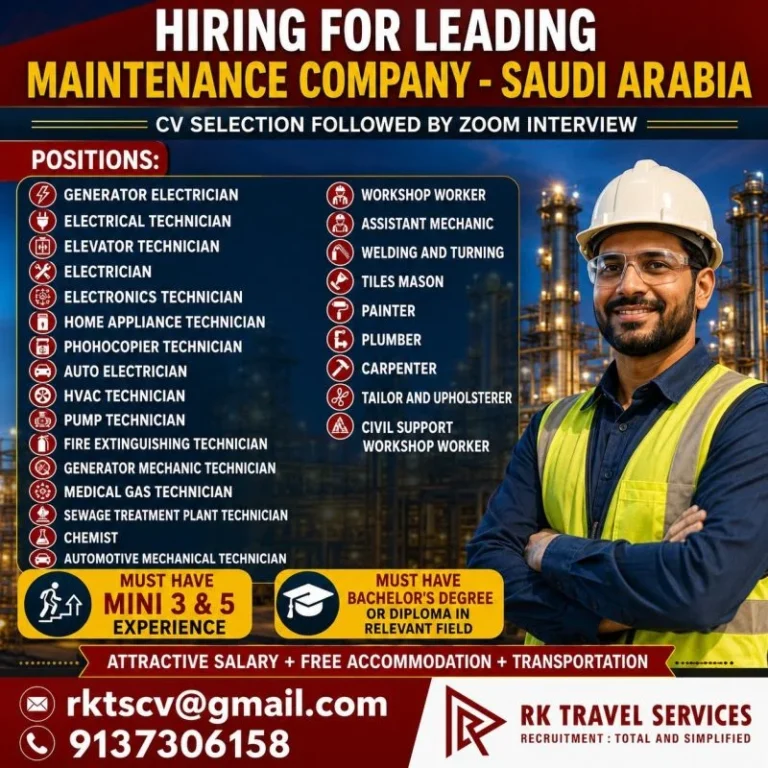 Saudi Arabia Maintenance Company Recruitment 2026 – Multiple Technician & Skilled Worker Vacancies
