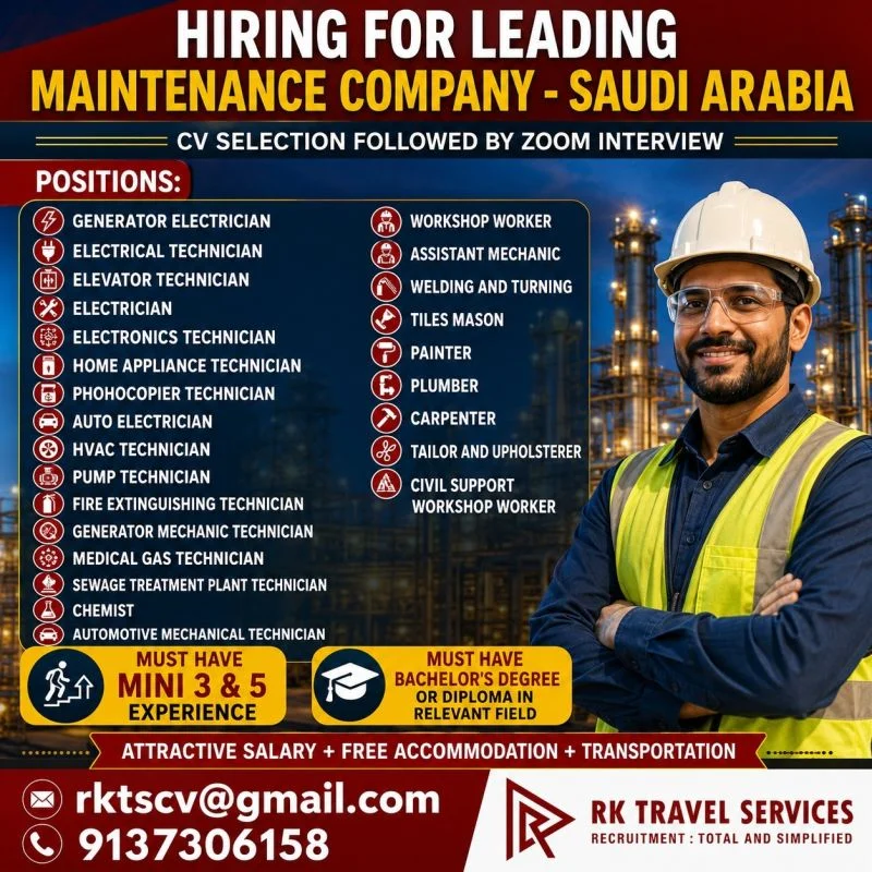 Saudi Arabia Maintenance Company Recruitment 2026 – Multiple Technician & Skilled Worker Vacancies