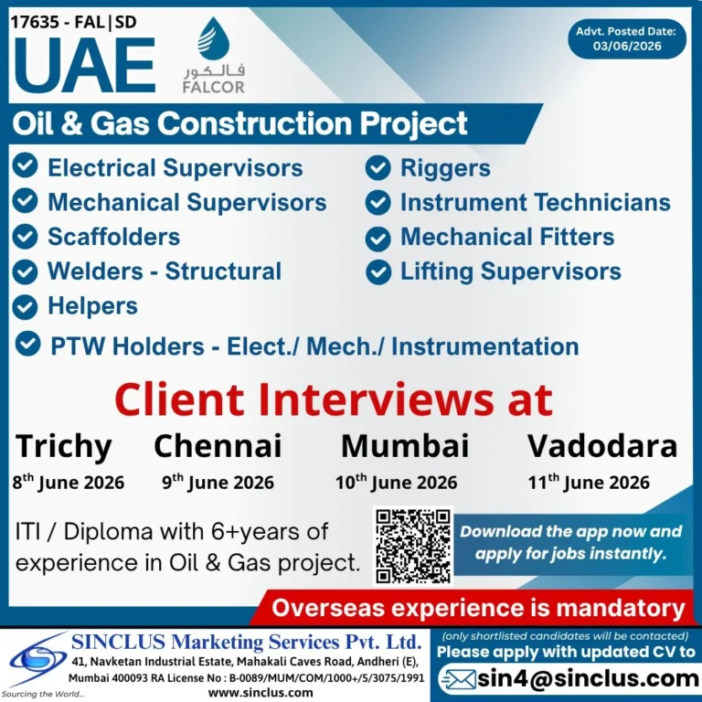 UAE Oil & Gas Construction Project Jobs 2026 – Client Interviews in Trichy, Chennai, Mumbai & Vadodara