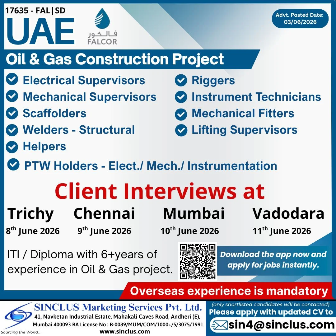 UAE Oil & Gas Construction Project Jobs 2026 – Client Interviews in Trichy, Chennai, Mumbai & Vadodara