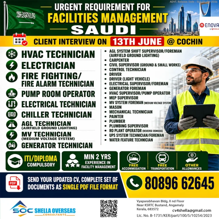 Saudi Arabia Facilities Management Jobs 2026 – Client Interview on 13th June at Cochin