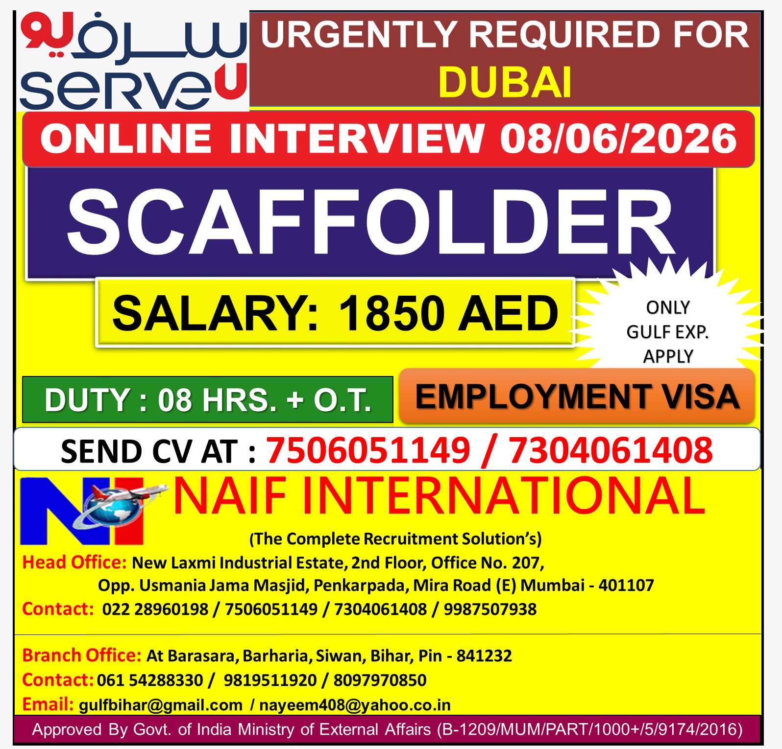 Dubai Scaffolder Jobs 2026 – Online Interview on 08 June | Salary 1850 AED