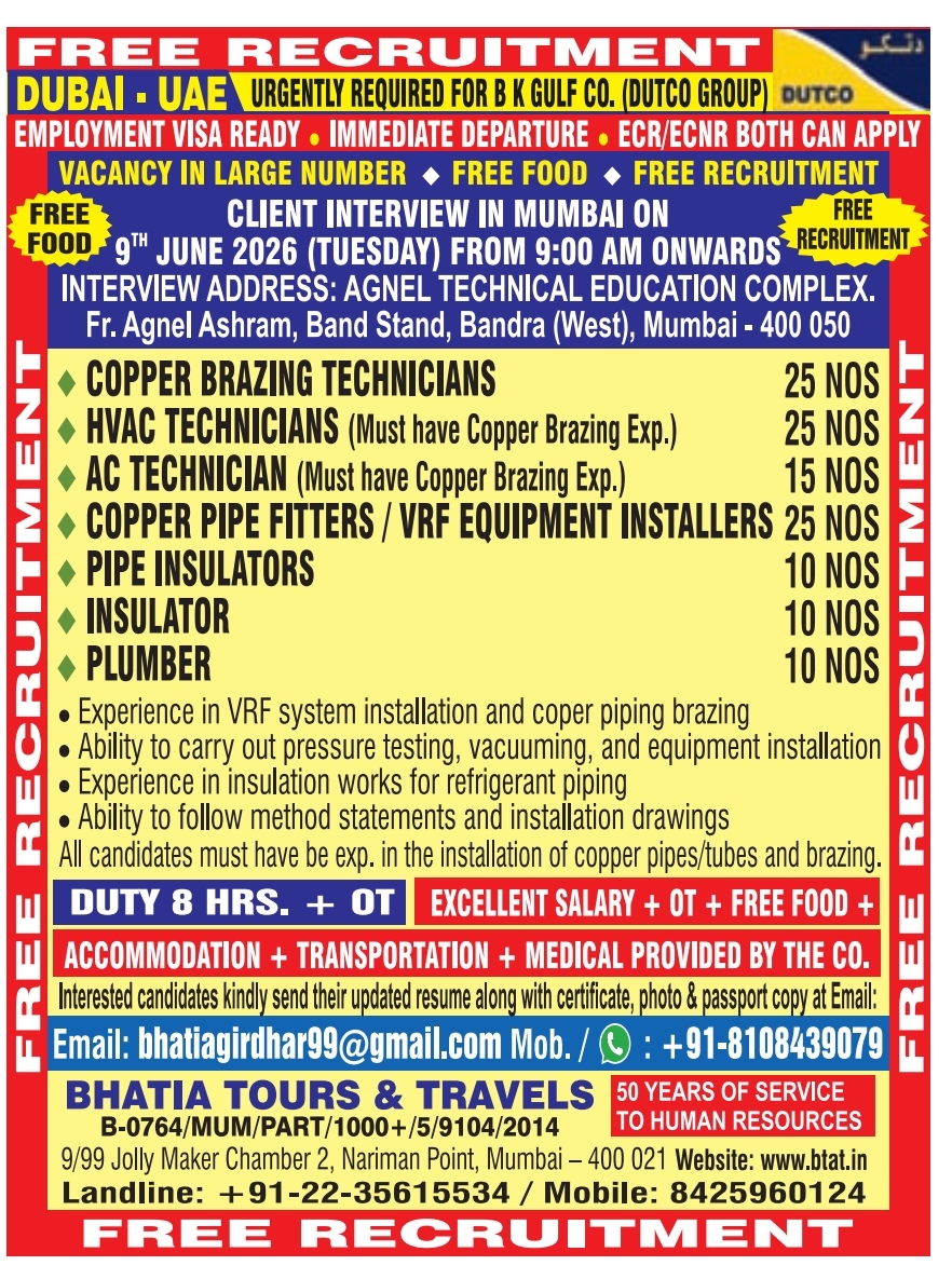 Dubai UAE HVAC & Copper Brazing Jobs 2026 – Free Recruitment | Client Interview in Mumbai on 9 June 2026