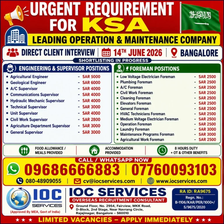 Saudi Arabia O&M Company Recruitment 2026 – Direct Client Interview in Bangalore on 14 June 2026