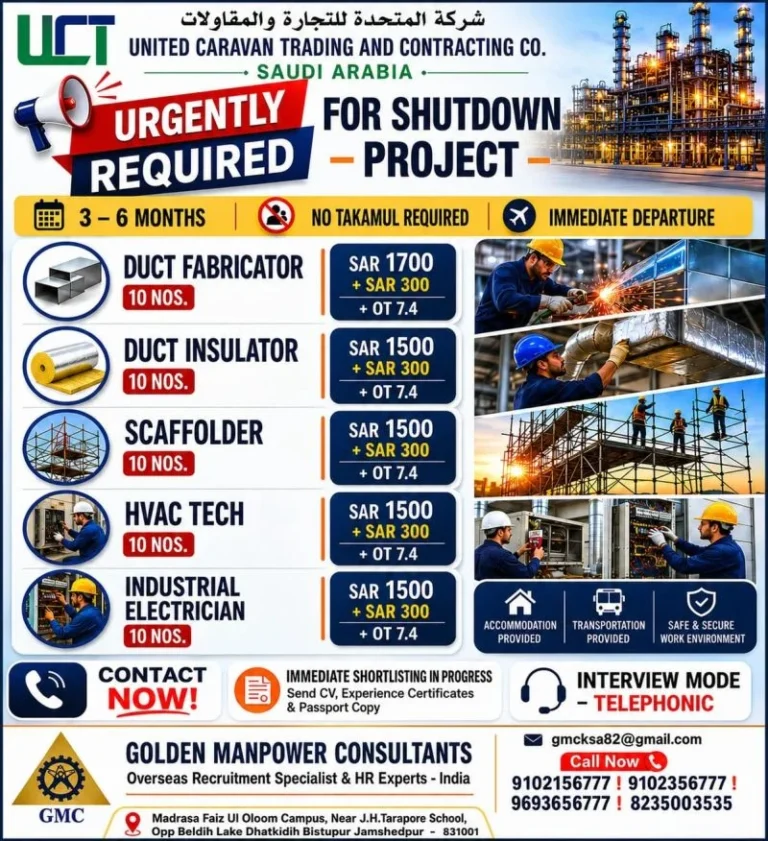 Saudi Arabia Shutdown Project Jobs 2026 – Immediate Departure Opportunity