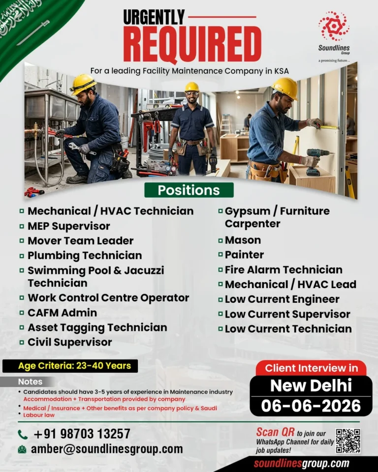 Saudi Arabia Facility Maintenance Company Jobs 2026 – Client Interview in New Delhi on 06 June 2026