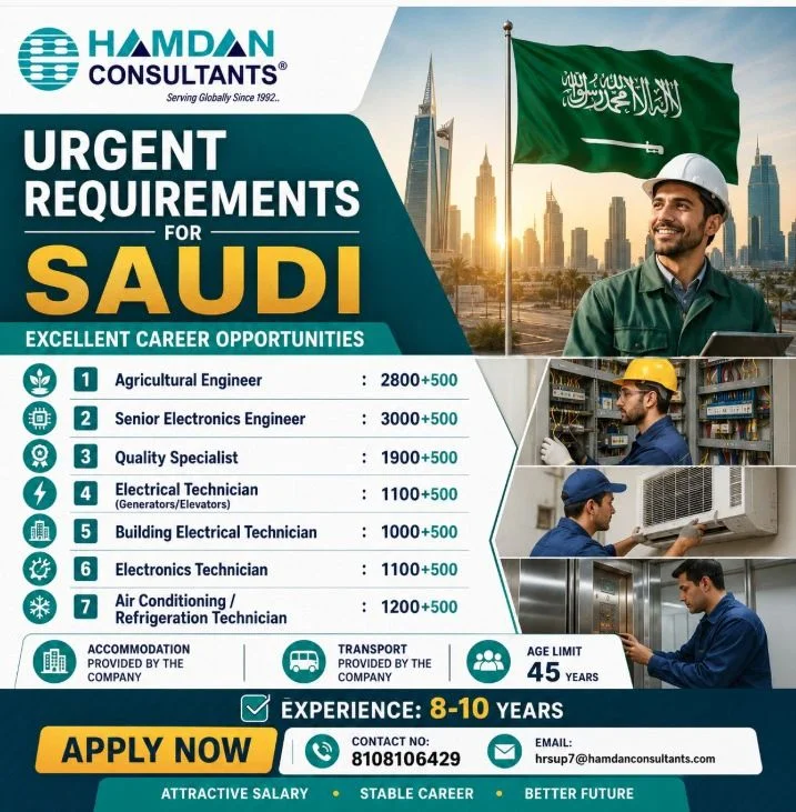 Saudi Arabia Urgent Recruitment 2026 – Multiple Engineering & Technician Vacancies | Apply Now