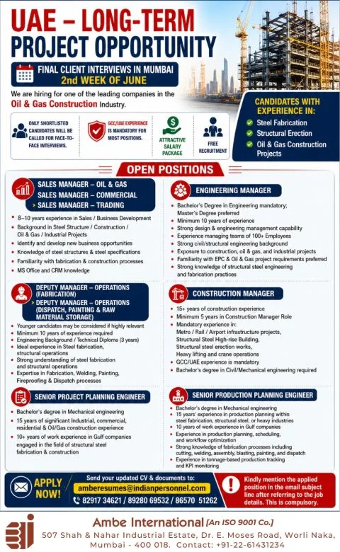 UAE Long-Term Oil & Gas Construction Project Jobs 2026 – Final Client Interviews in Mumbai