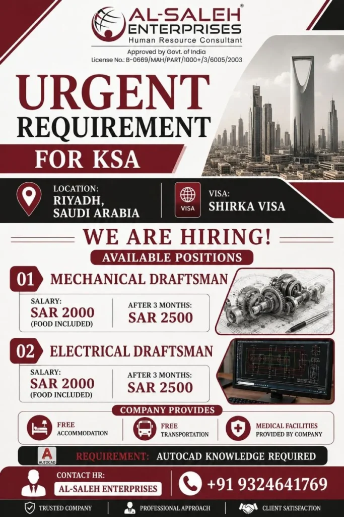 Mechanical & Electrical Draftsman Jobs in Riyadh, Saudi Arabia 2026