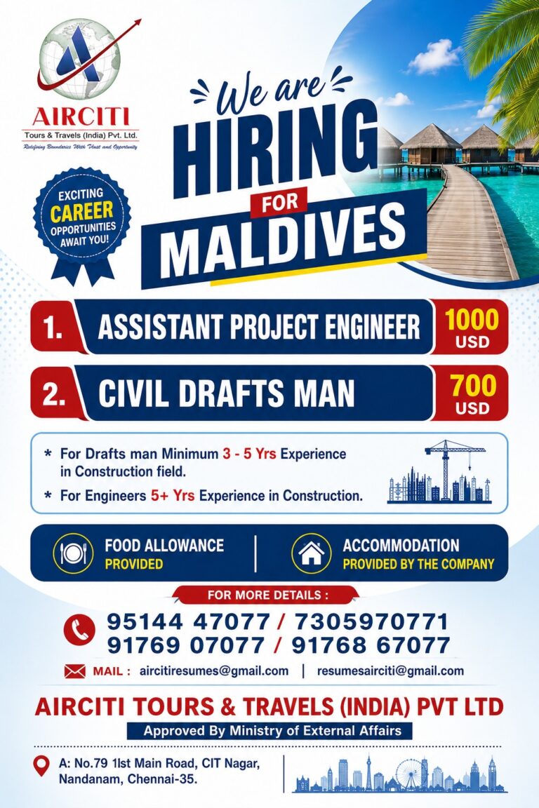 Maldives Construction Jobs 2026 – Immediate Hiring for Engineers and Draftsmen