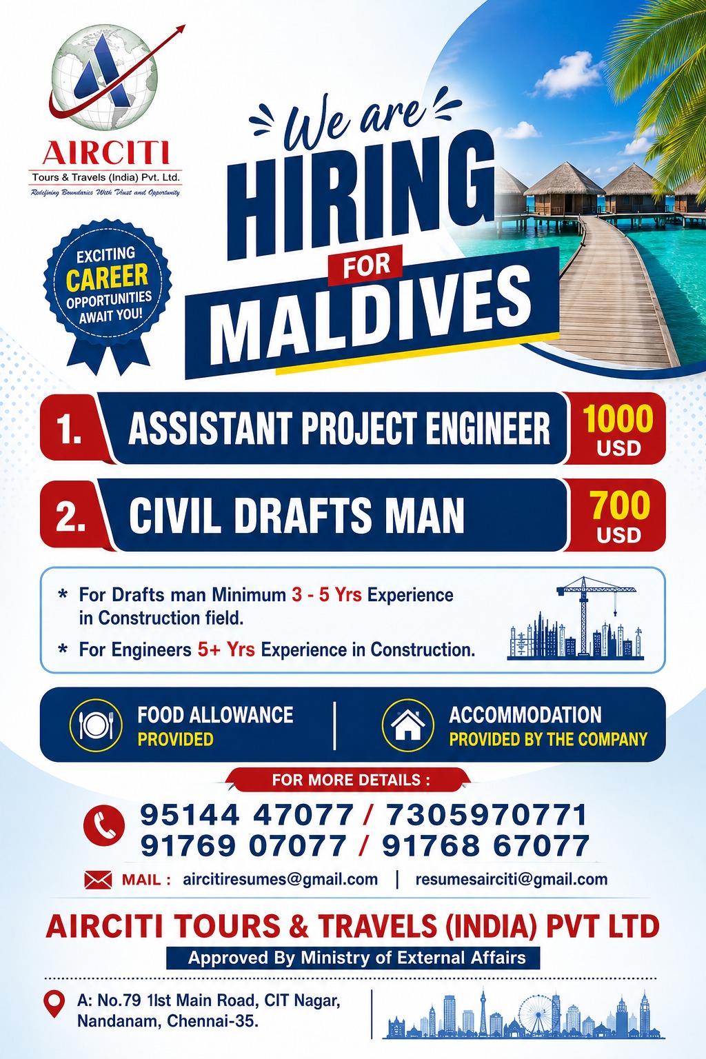 Maldives Construction Jobs 2026 – Immediate Hiring for Engineers and Draftsmen