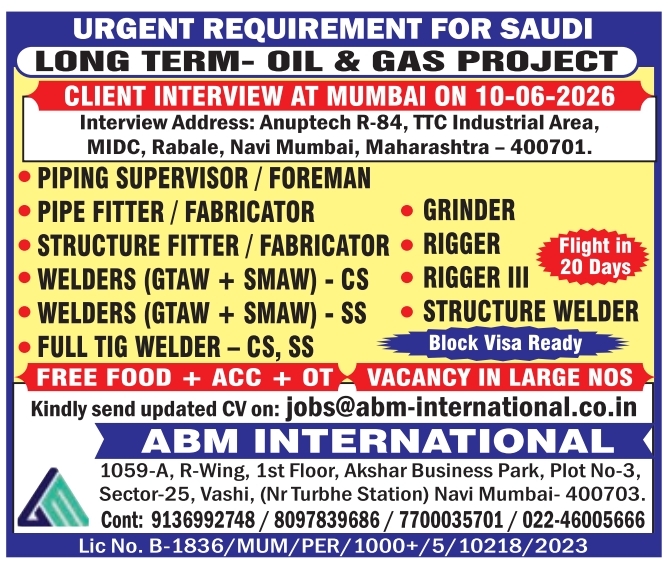 Saudi Arabia Oil & Gas Project Jobs 2026 – Client Interview in Mumbai