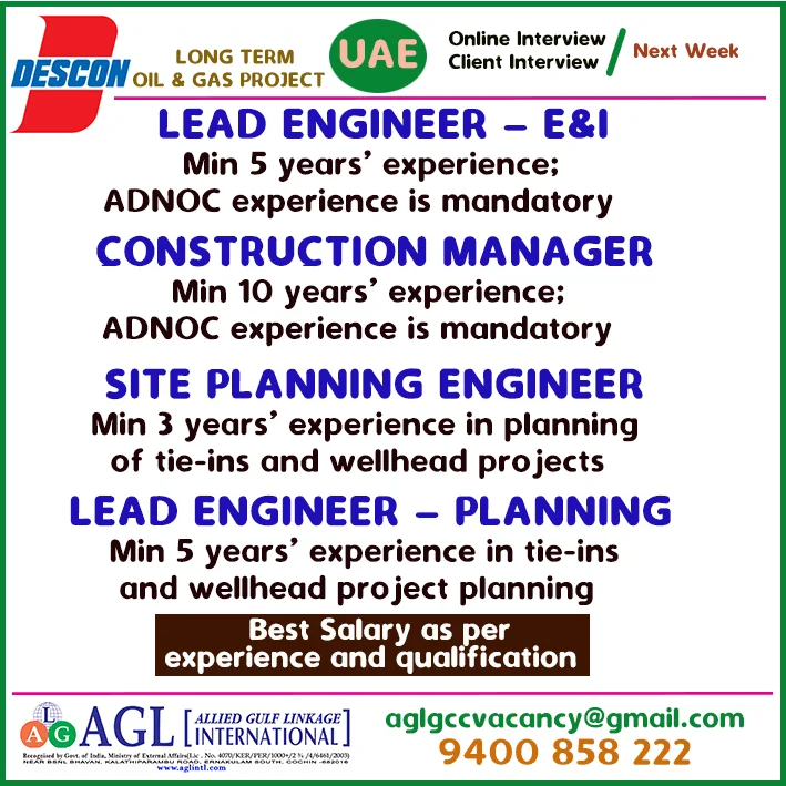 UAE Oil & Gas Project Jobs 2026 – Descon Long-Term ADNOC Project Recruitment
