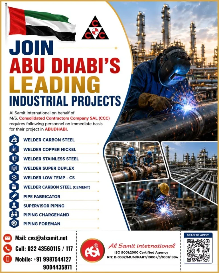 Abu Dhabi Industrial Project Jobs 2026 – CCC Hiring Welders, Pipe Fabricators & Piping Supervisors