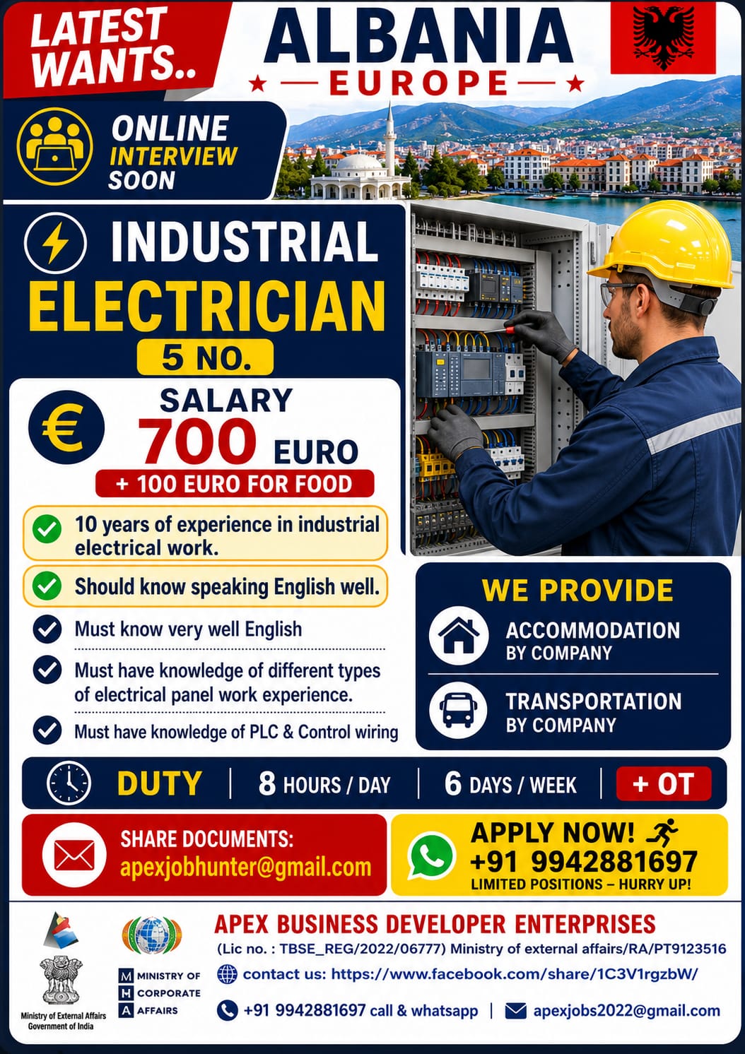 Albania Industrial Electrician Jobs 2026 – Online Interview Soon | Salary 700 Euro + Benefi