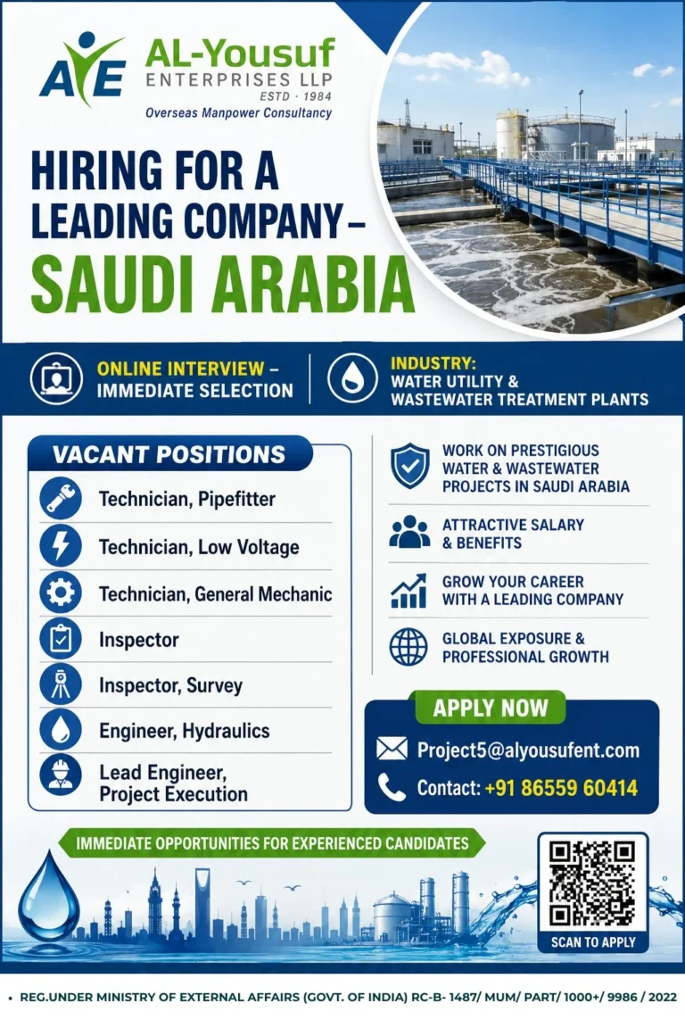 Saudi Arabia Water Utility & Wastewater Treatment Plant Jobs 2026 – Online Interview | Immediate Selection