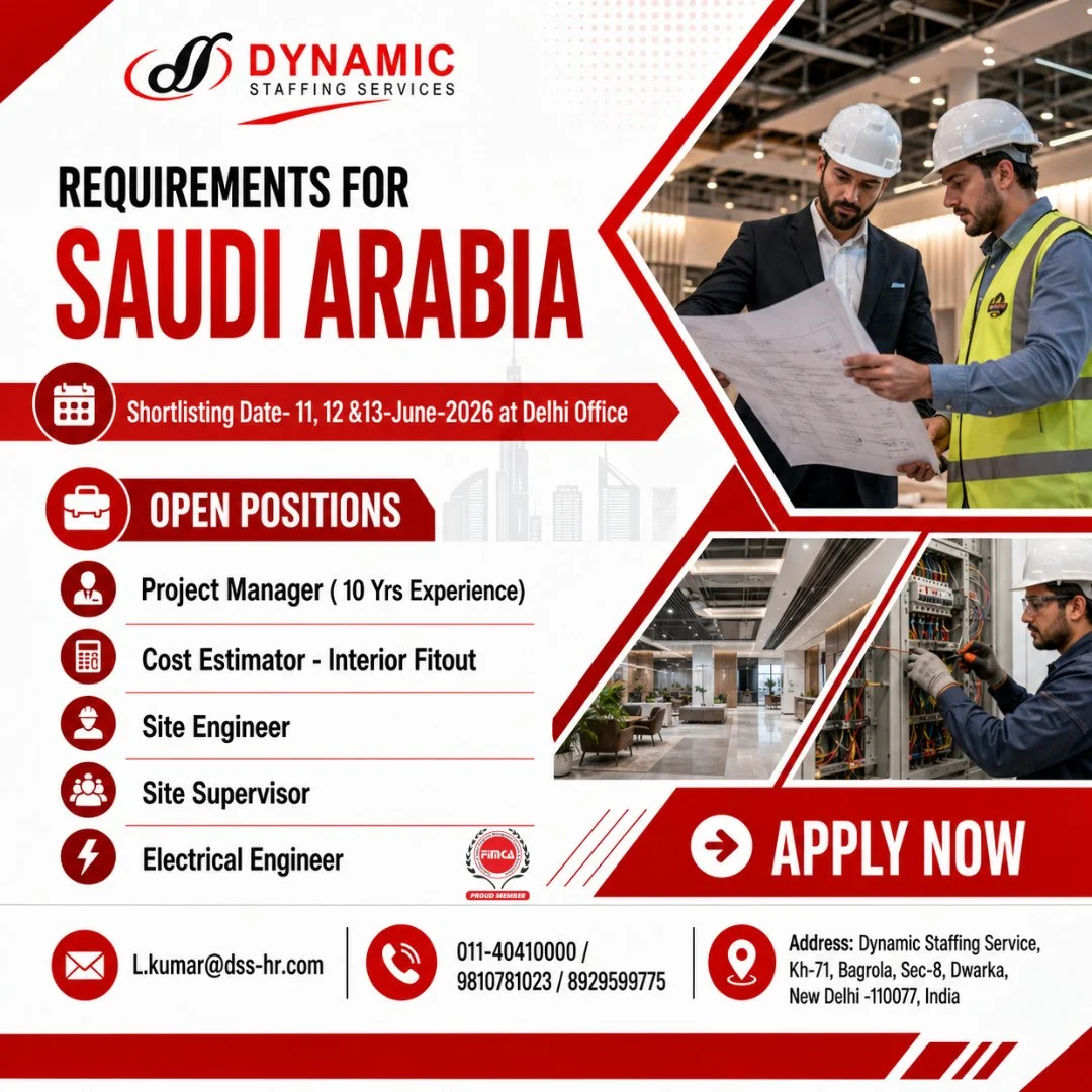 Saudi Arabia Interior Fit-Out Jobs 2026 – Project Manager, Site Engineer, Electrical Engineer & More