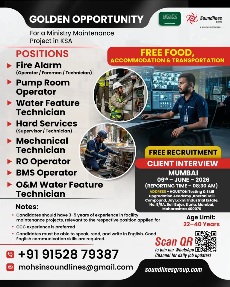 Saudi Arabia Ministry Maintenance Project Jobs 2026 – Free Recruitment | Client Interview in Mumbai