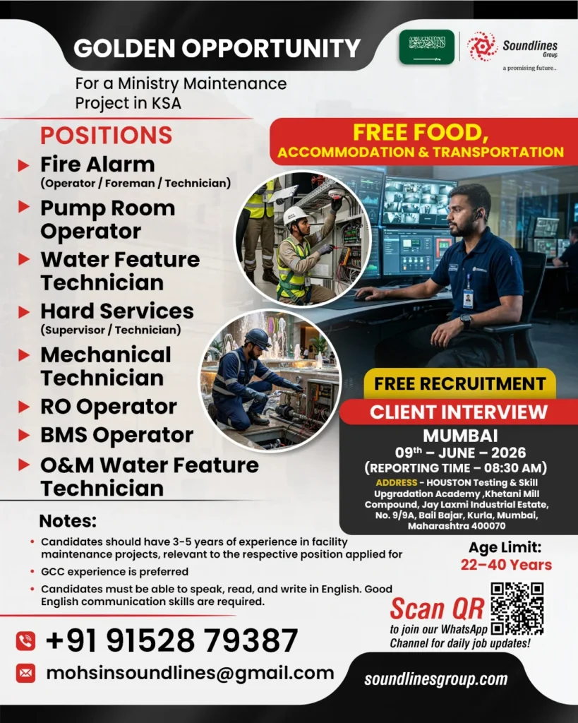 Saudi Arabia Ministry Maintenance Project Jobs 2026 – Free Recruitment | Client Interview in Mumbai