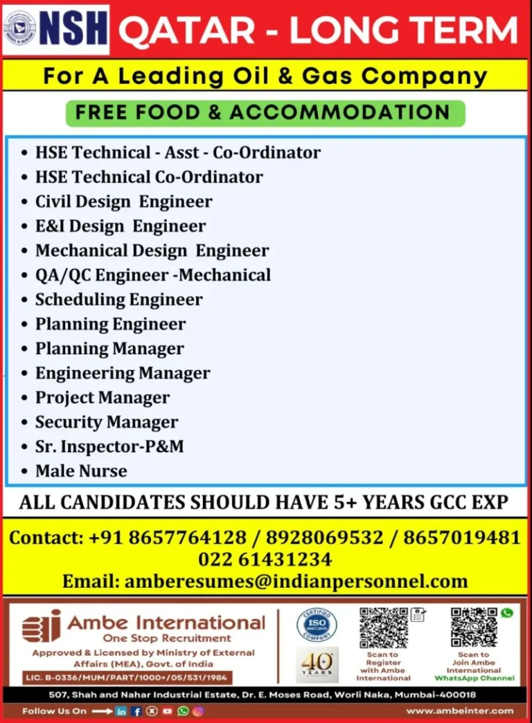 Qatar Oil & Gas Jobs 2026 – NSH Qatar Long-Term Recruitment | Free Food & Accommodation