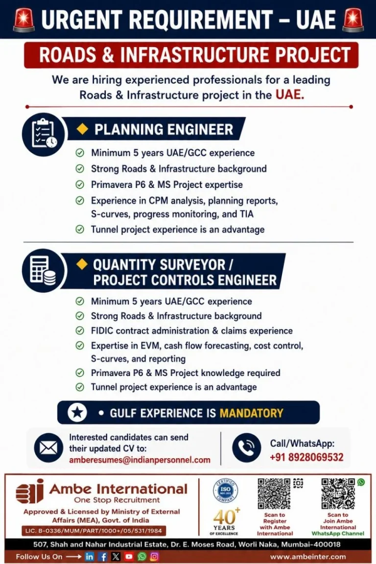 UAE Roads & Infrastructure Project Jobs 2026 – Planning Engineer & Quantity Surveyor Vacancies