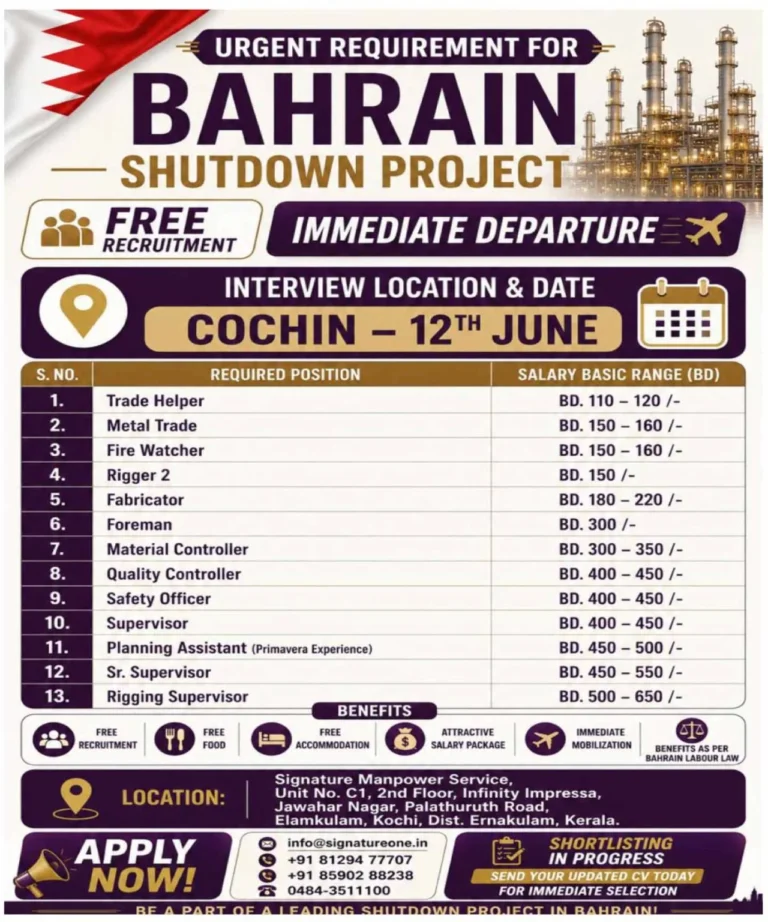 Bahrain Shutdown Project Jobs 2026 – Free Recruitment | Immediate Departure