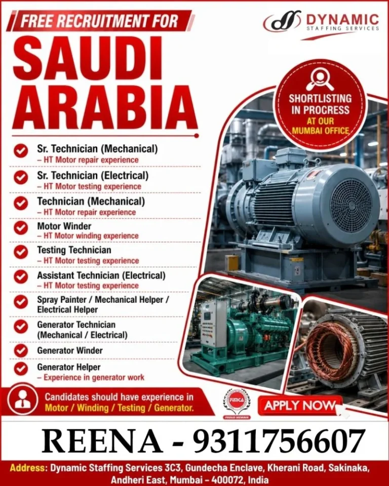 Saudi Arabia Motor & Generator Maintenance Jobs 2026 – Free Recruitment | Apply Now