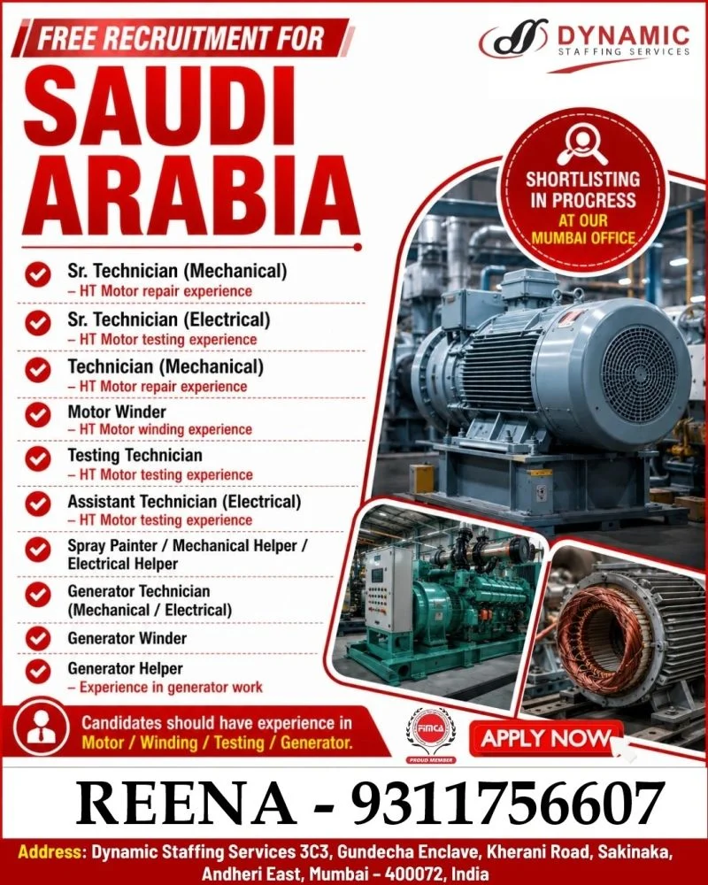 Saudi Arabia Motor & Generator Maintenance Jobs 2026 – Free Recruitment | Apply Now