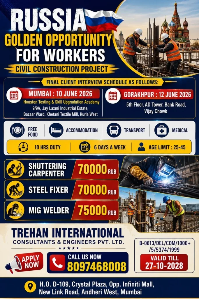 Russia Civil Construction Project Jobs 2026 – Final Client Interview in Mumbai & Gorakhpur