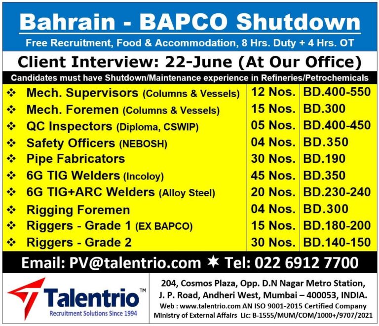 Bahrain BAPCO Shutdown Project Jobs 2026 – Free Recruitment | Client Interview on 22 June