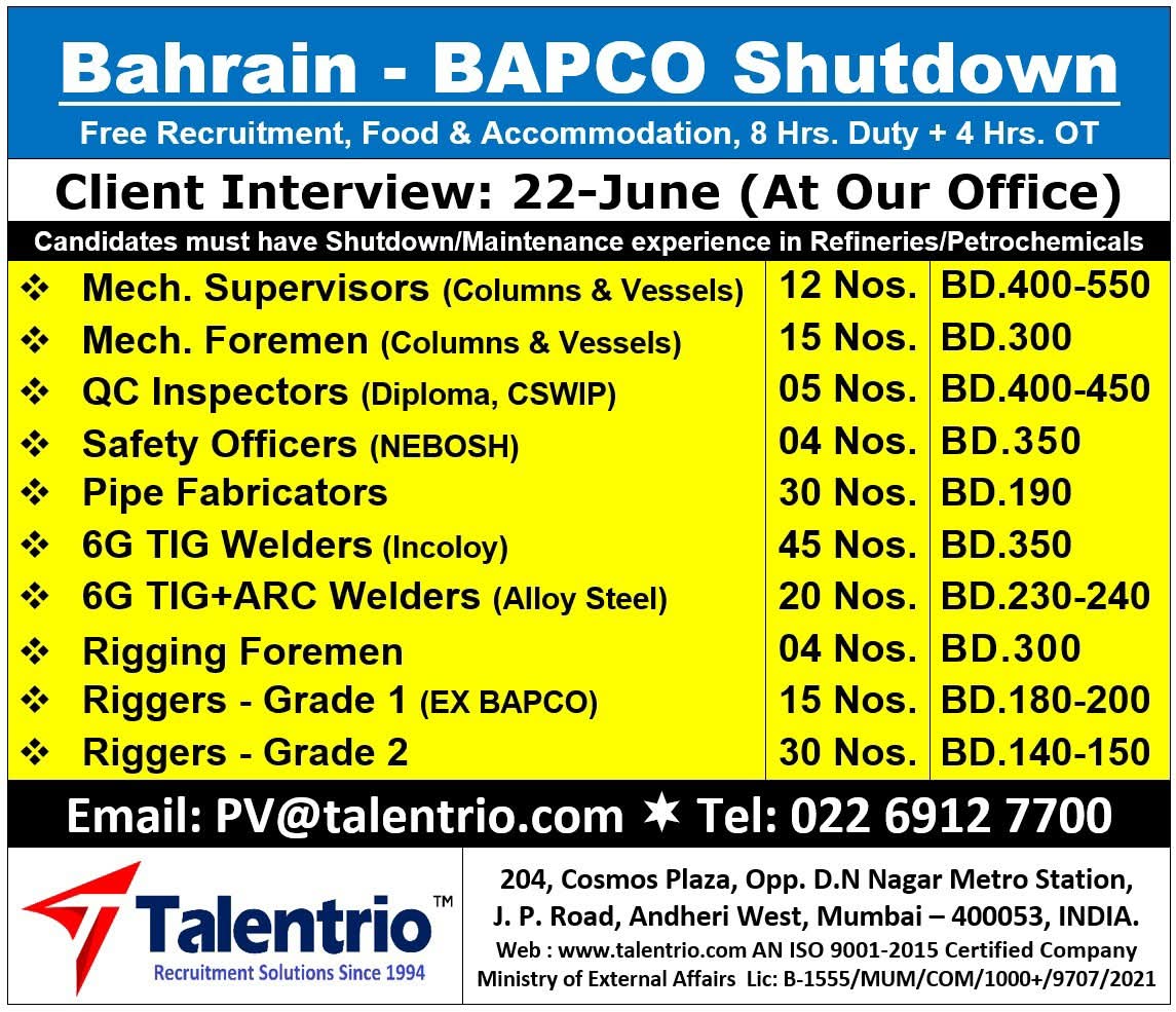 Bahrain BAPCO Shutdown Project Jobs 2026 – Free Recruitment | Client Interview on 22 June