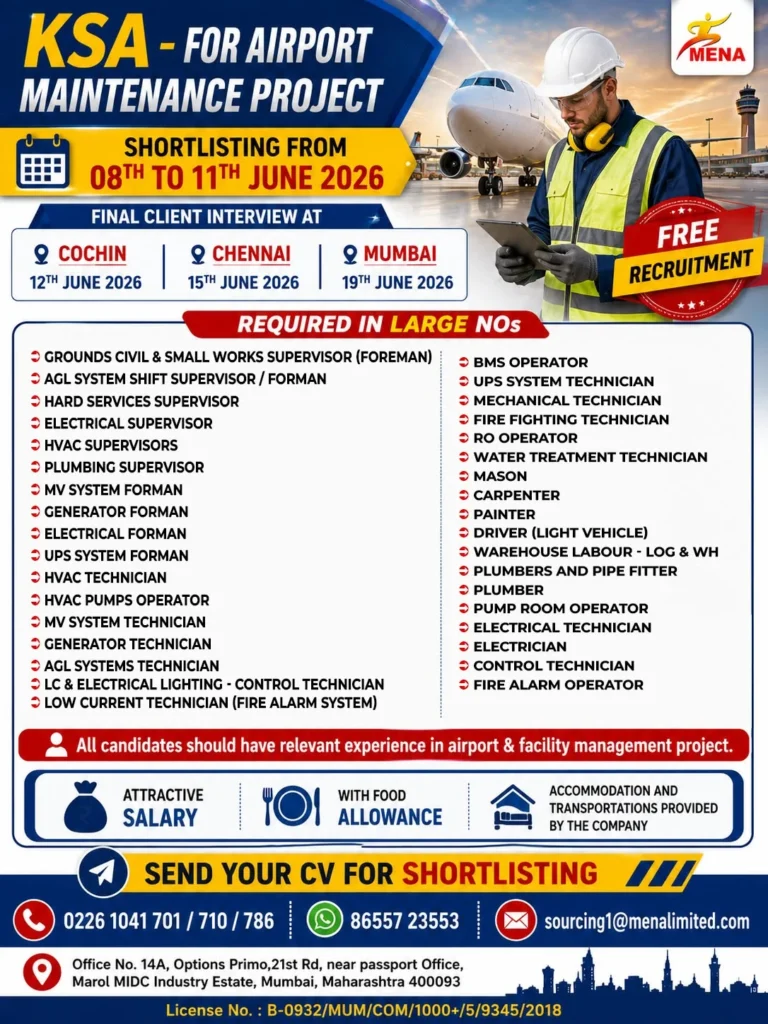KSA Airport Maintenance Project Jobs 2026 – Free Recruitment | Large Vacancies for Saudi Arabia