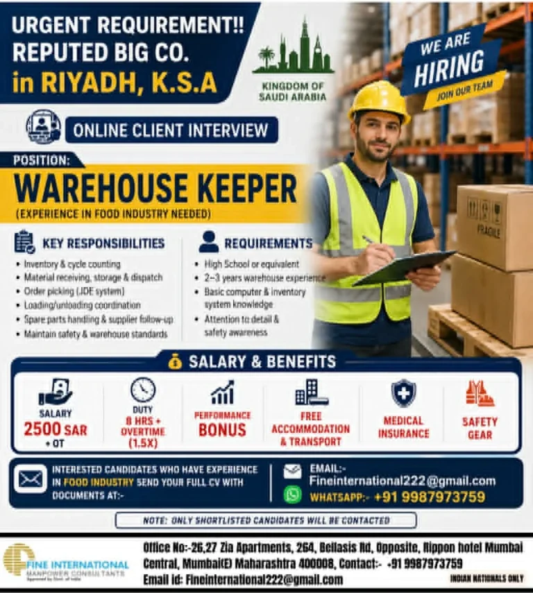 Warehouse Keeper Jobs in Saudi Arabia 2026 – Online Client Interview | Salary 2500 SAR + OT