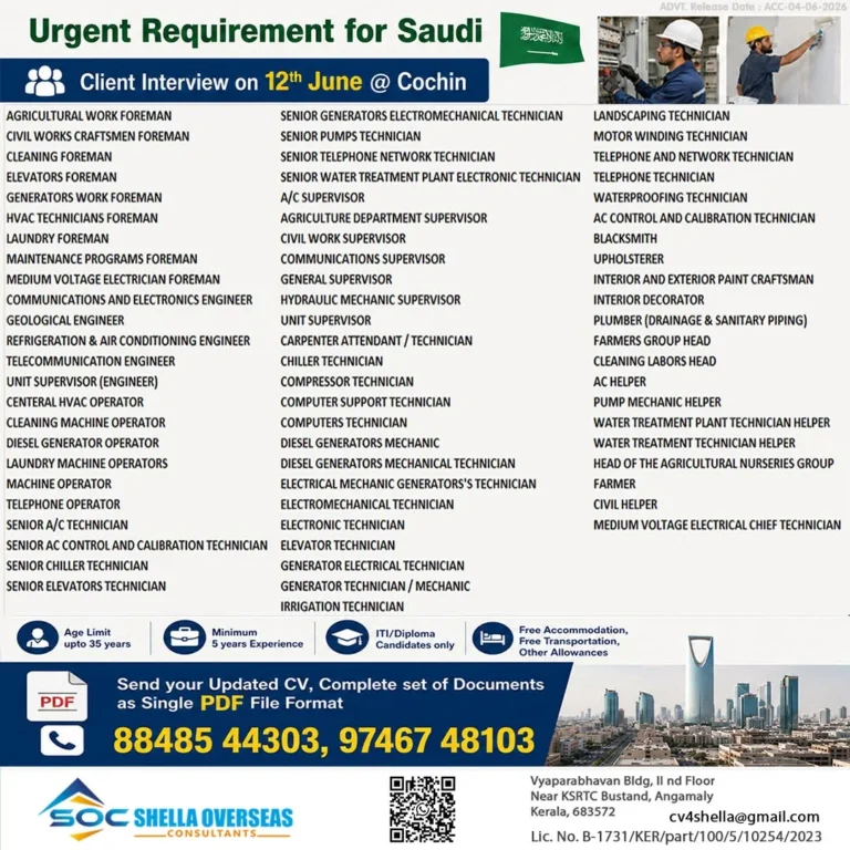 Saudi Arabia Urgent Recruitment 2026 – Client Interview on 12th June at Cochin