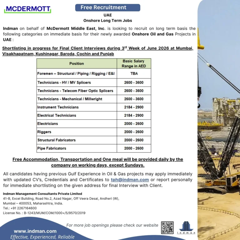 UAE McDermott Onshore Oil & Gas Jobs 2026 – Immediate Hiring for Long-Term Projects