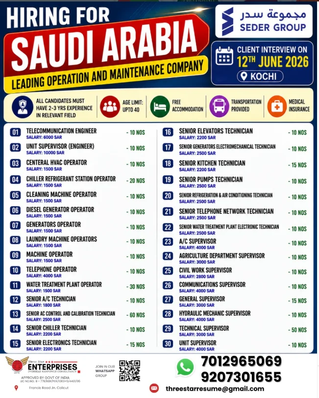 Saudi Arabia Leading Operation & Maintenance Company Recruitment 2026 – Client Interview on 12th June in Kochi