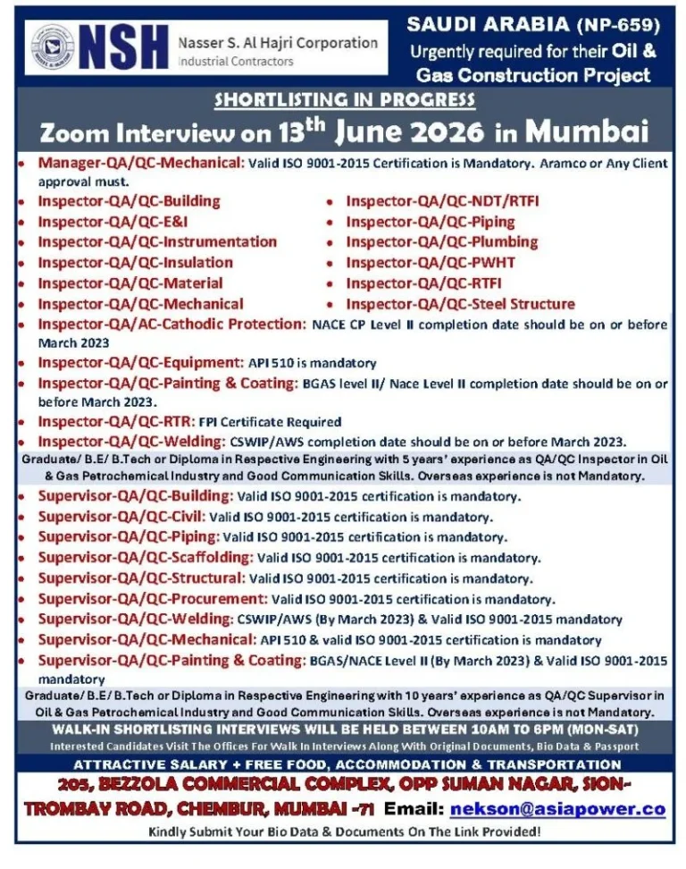 Saudi Arabia NSH Oil & Gas Construction Project Recruitment 2026 – Zoom Interview on 13 June