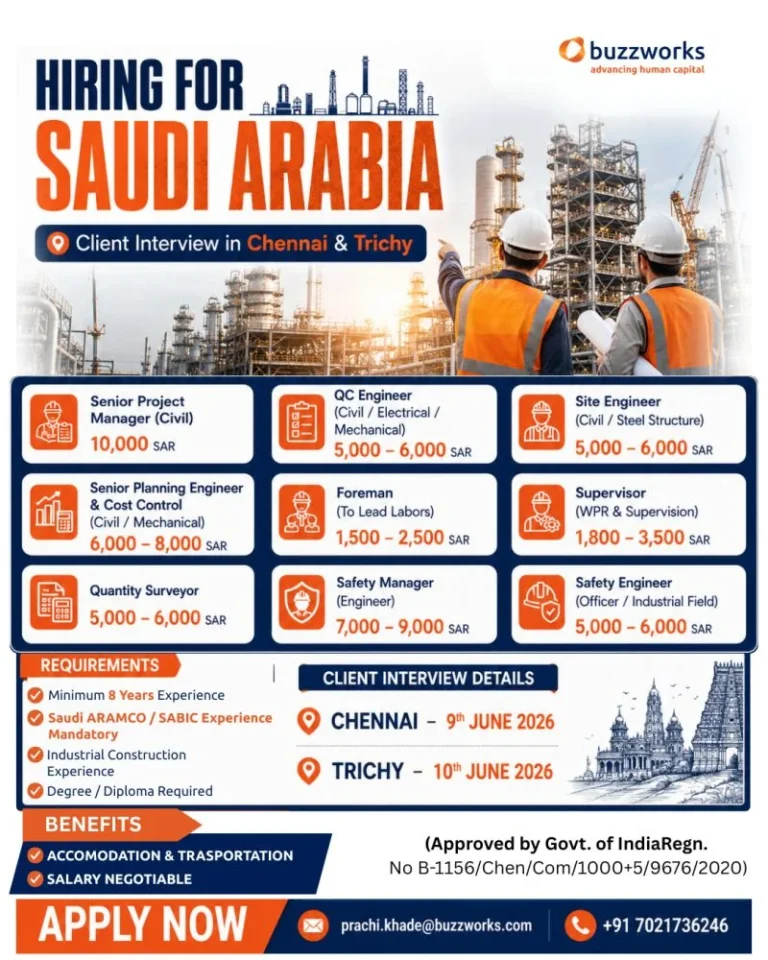 Saudi Arabia Construction & Industrial Project Jobs 2026 – Client Interview in Chennai & Trichy