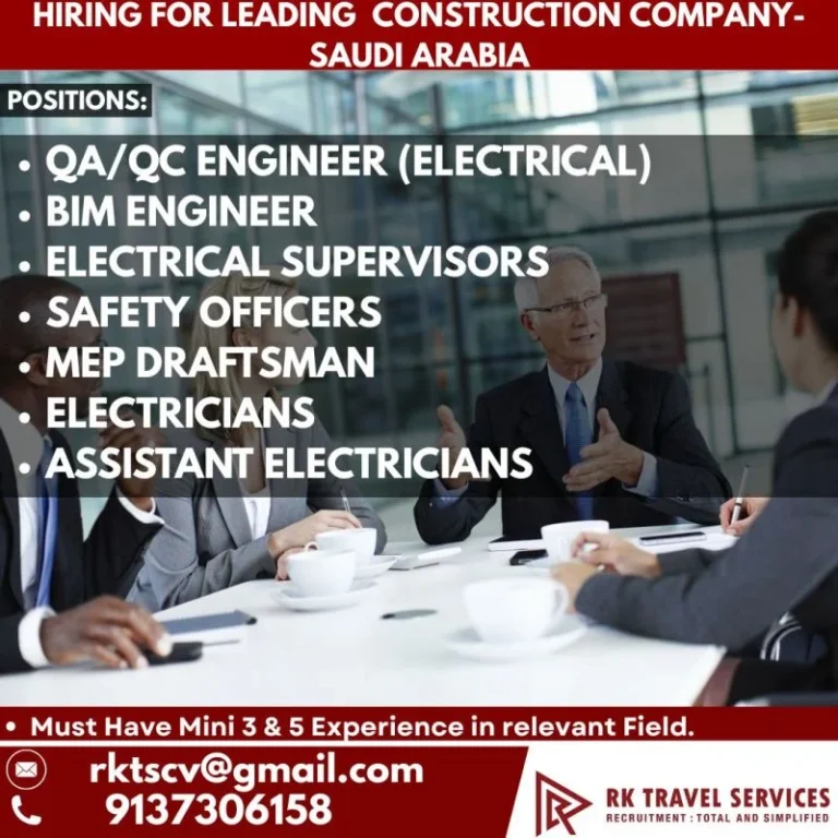 Saudi Arabia Construction Company Recruitment 2026 – QA/QC Engineer, BIM Engineer, Electricians & More