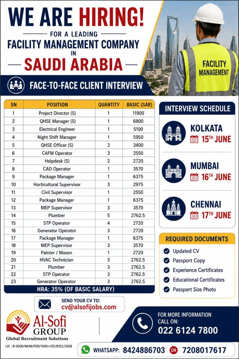 Saudi Arabia Facility Management Company Recruitment 2026