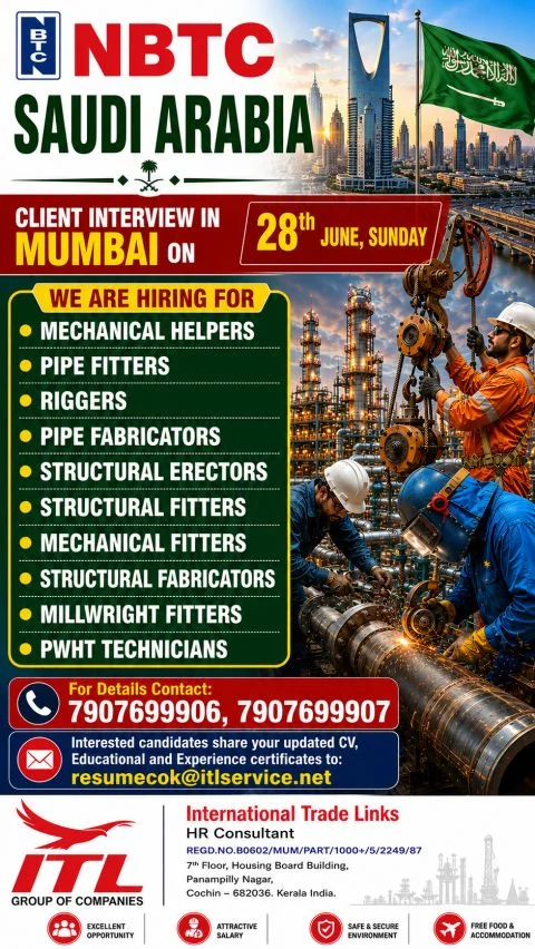 NBTC Saudi Arabia Jobs 2026 | Client Interview in Mumbai on 28th June